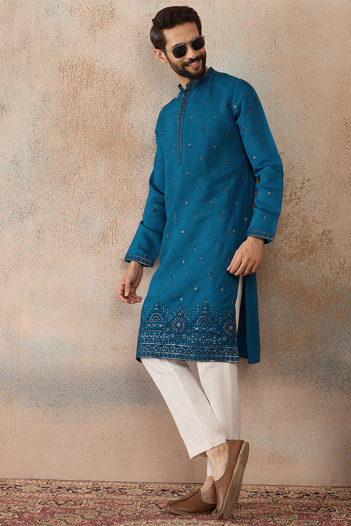 Blue Silk Blend Embroidered Straight Kurta MKU2290