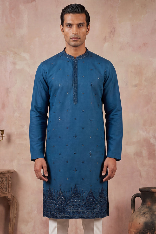 Blue Silk Blend Embroidered Straight Kurta Sets MKSET2290