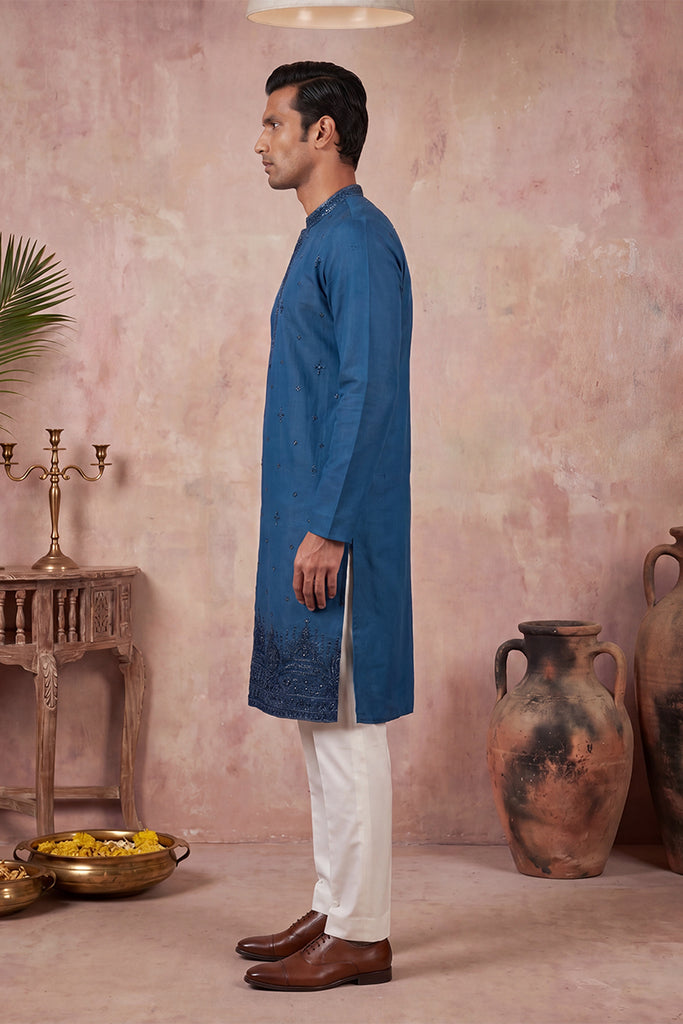 Blue Silk Blend Embroidered Straight Kurta MKU2290