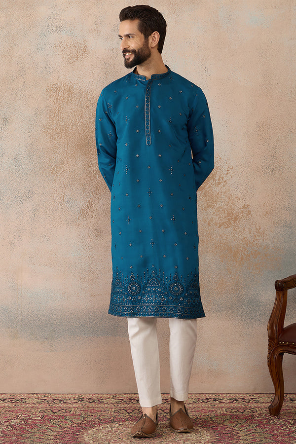 Blue Silk Blend Embroidered Straight Kurta Sets MKSET2290
