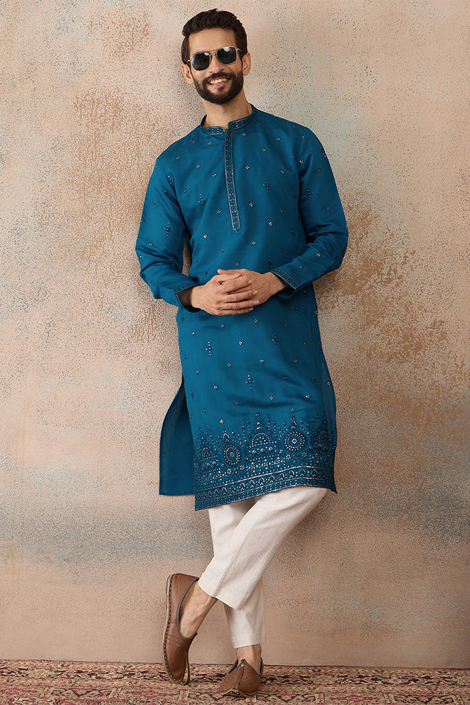 Blue Silk Blend Embroidered Straight Kurta Sets MKSET2290