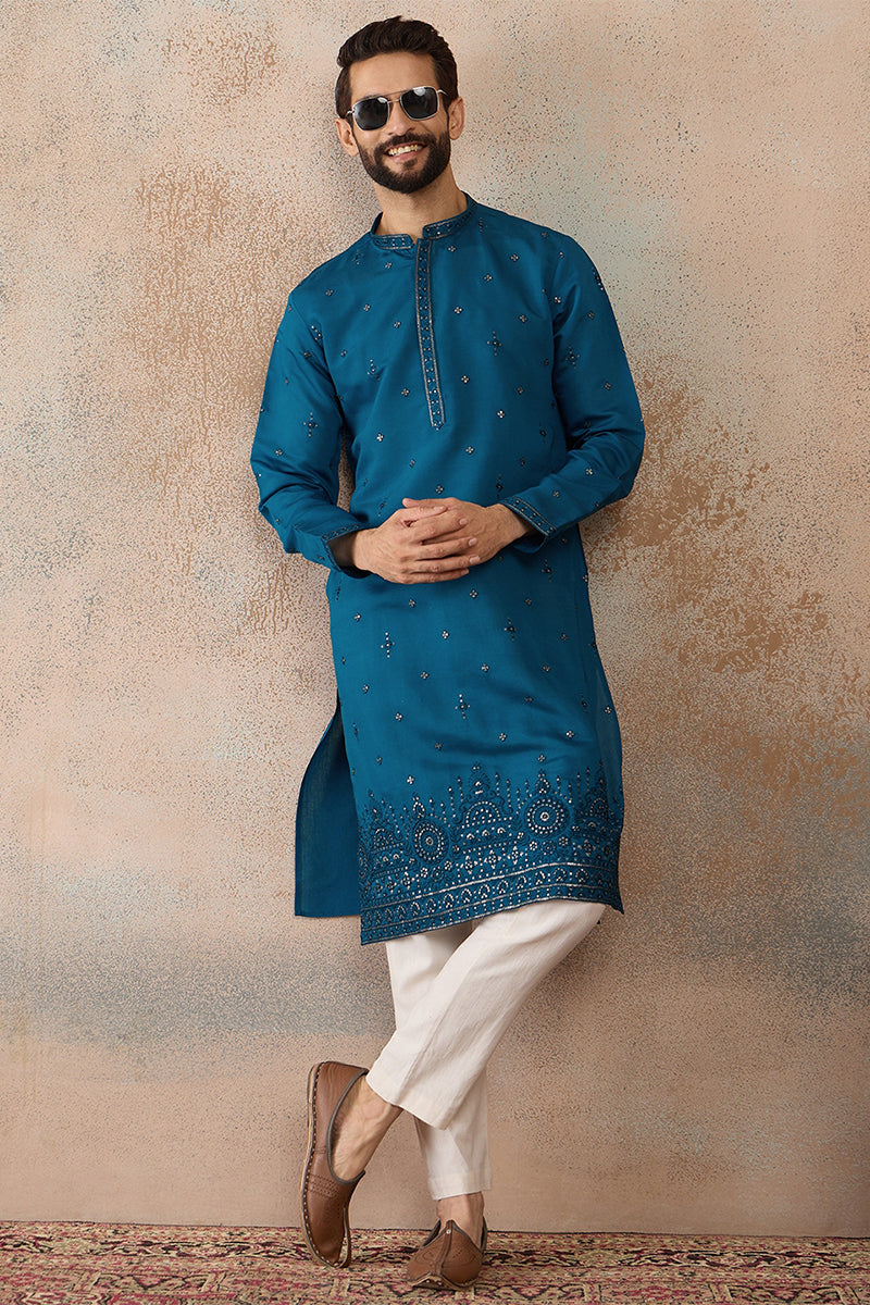 Blue Silk Blend Embroidered Straight Kurta MKU2290