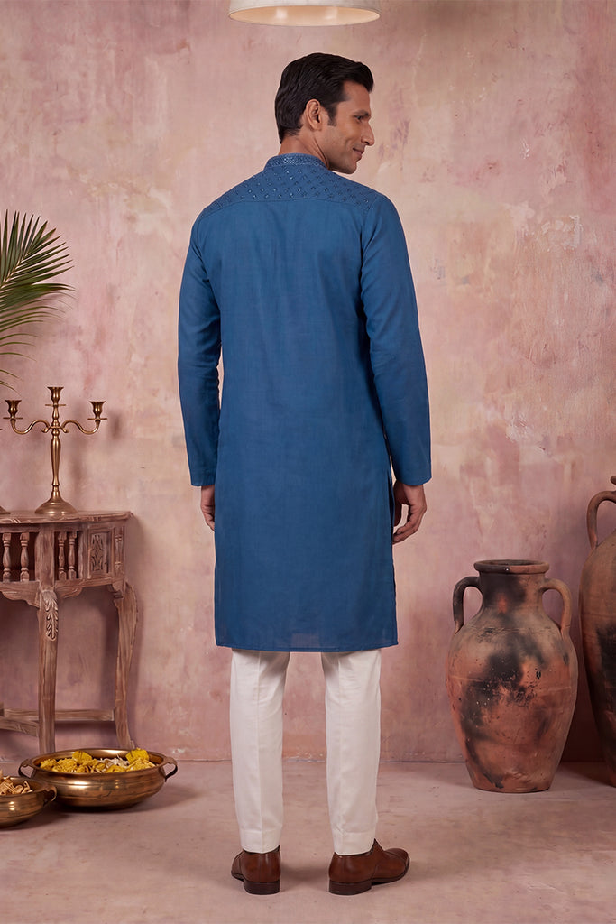 Blue Silk Blend Embroidered Straight Kurta Sets MKSET2290