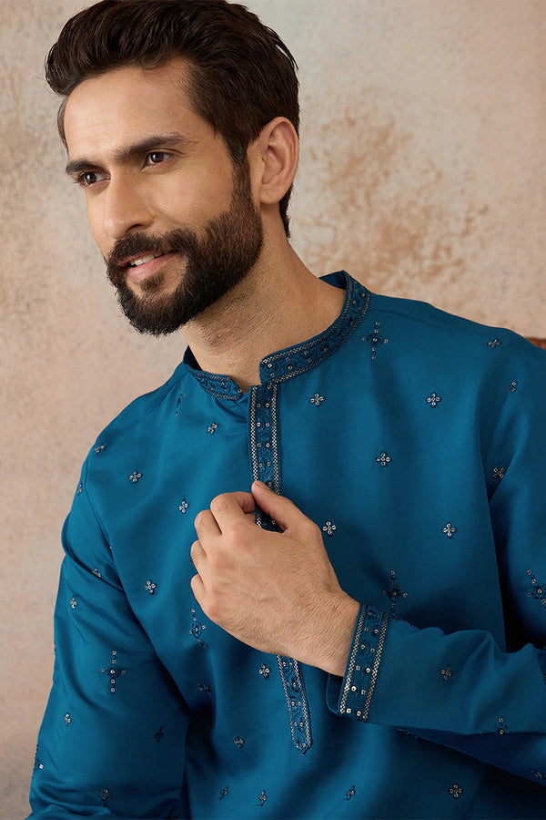 Blue Silk Blend Embroidered Straight Kurta MKU2290