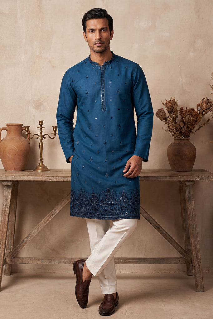 Blue Silk Blend Embroidered Straight Kurta Sets MKSET2290