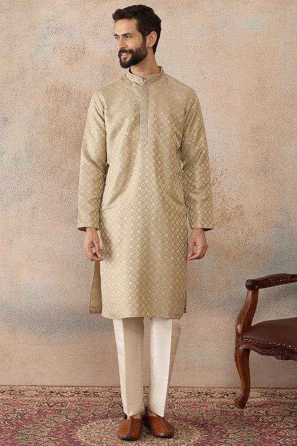 Olive Jacquard Ethnic Motifs Embroidered Kurta With Trouser MKSET2322