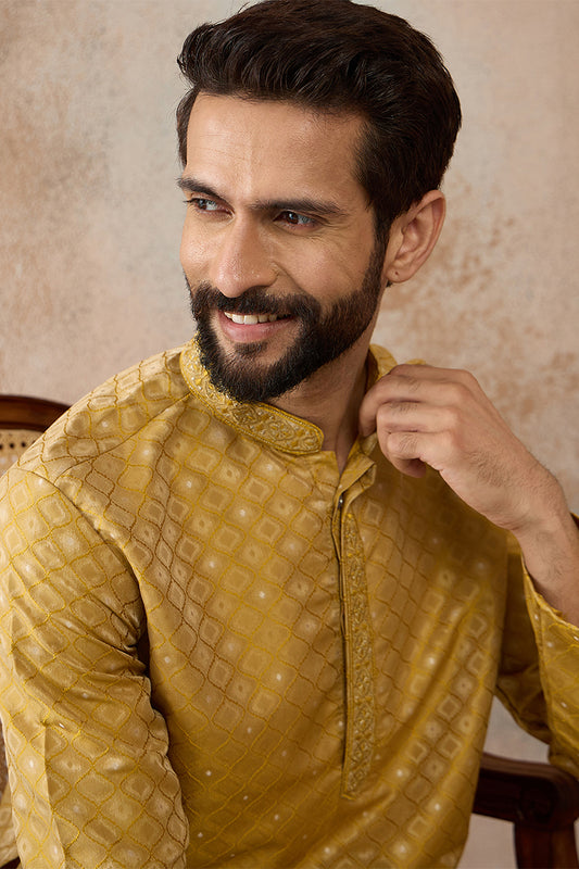 Yellow Jacquard Ethnic Motifs Embroidered Kurta With Trouser MKSET2327
