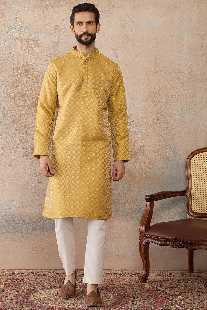 Yellow Jacquard Ethnic Motifs Embroidered Kurta With Trouser MKSET2327