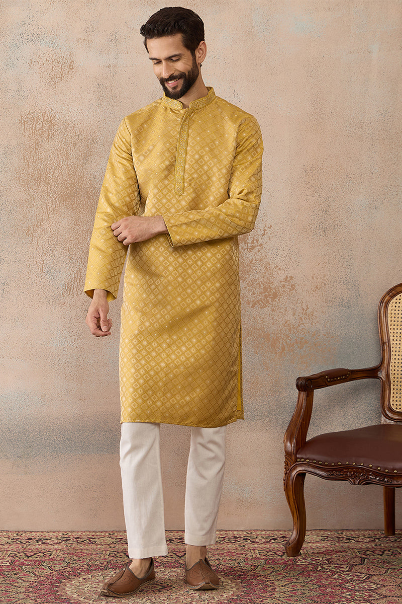 Yellow Jacquard Ethnic Motifs Embroidered Kurta MKU2327