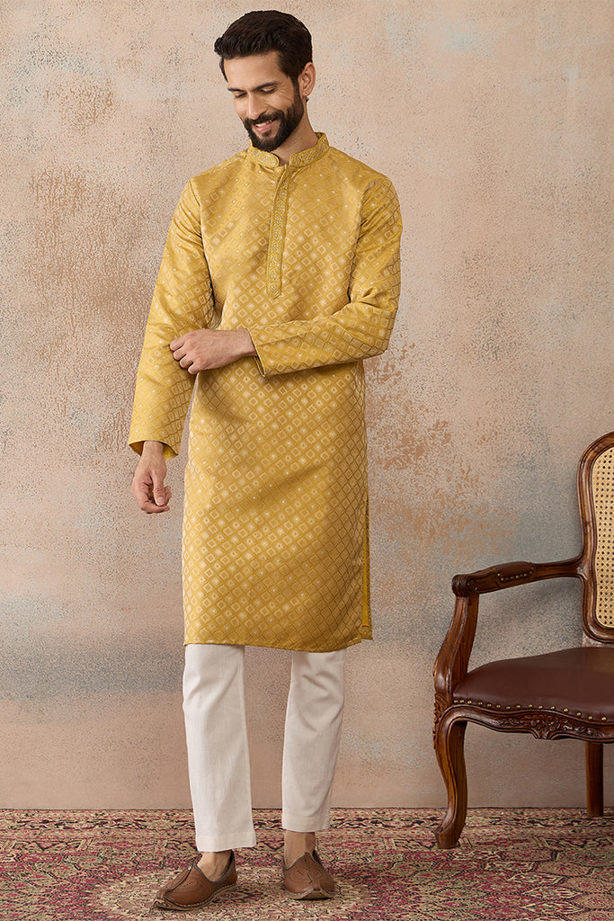Yellow Jacquard Ethnic Motifs Embroidered Kurta With Trouser MKSET2327