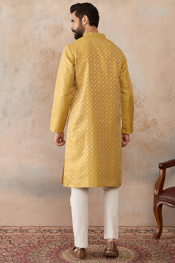 Yellow Jacquard Ethnic Motifs Embroidered Kurta With Trouser MKSET2327