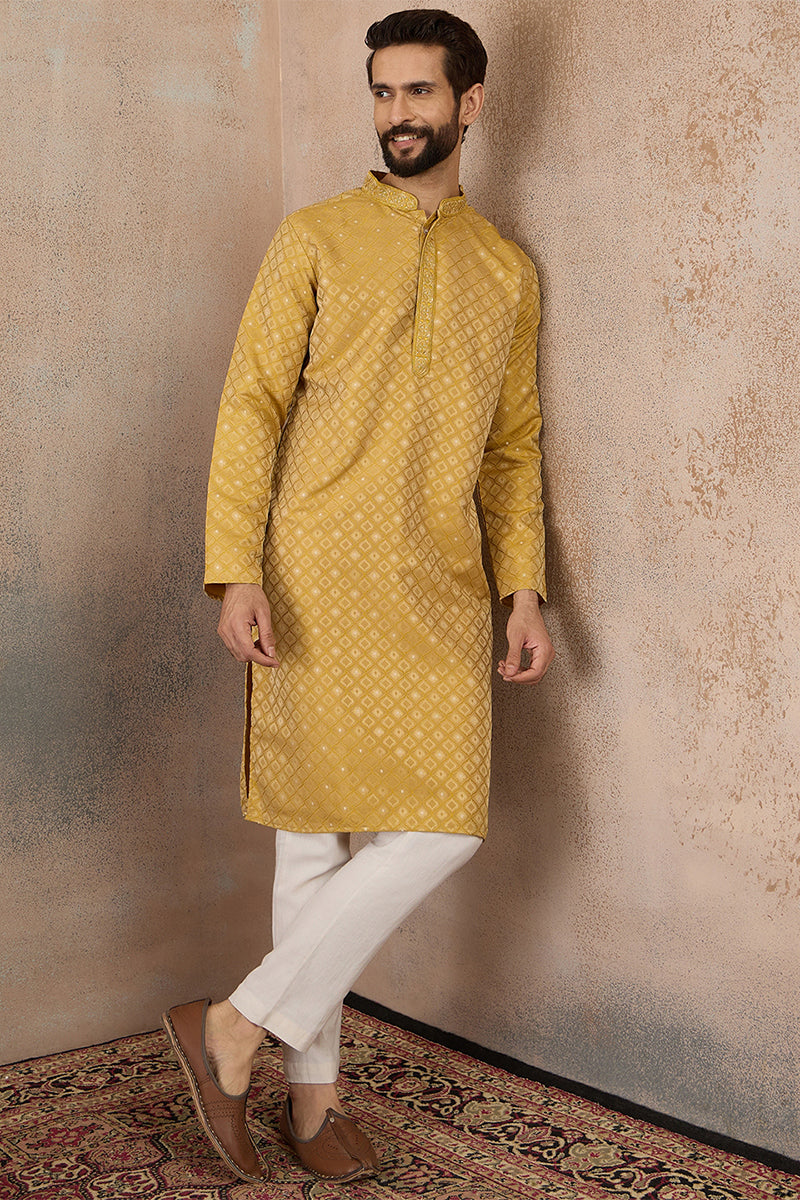 Yellow Jacquard Ethnic Motifs Embroidered Kurta With Trouser MKSET2327