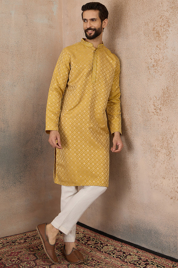 Yellow Jacquard Ethnic Motifs Embroidered Kurta MKU2327