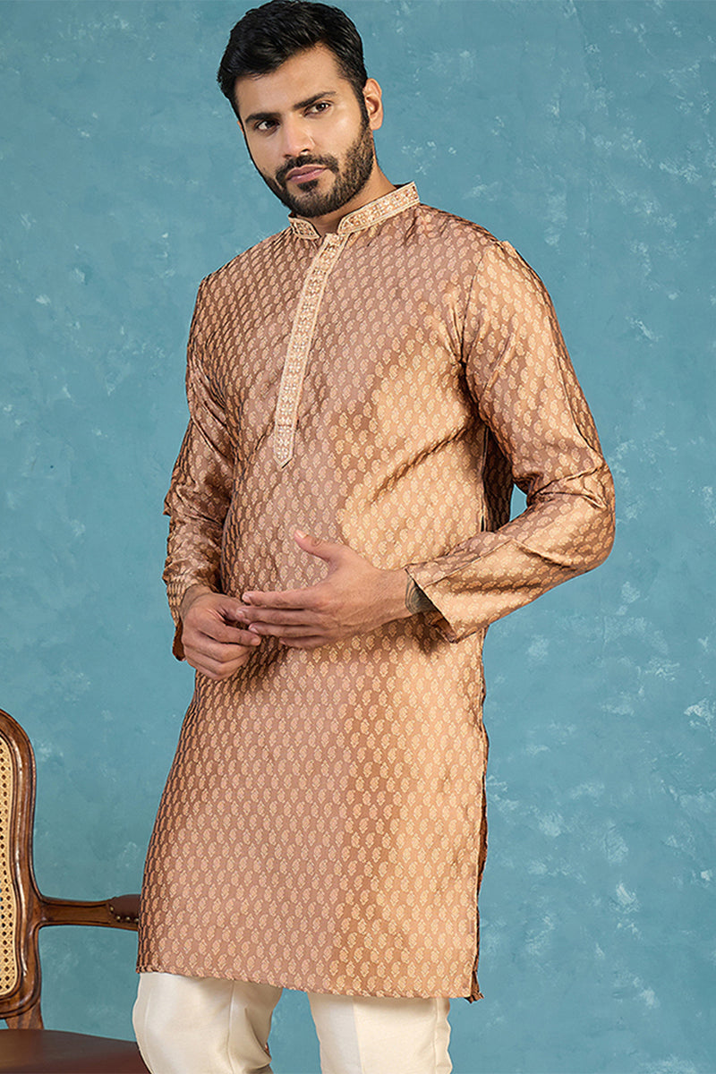 Brown Jacquard Woven Design Straight Kurta With Trouser MKSET2343