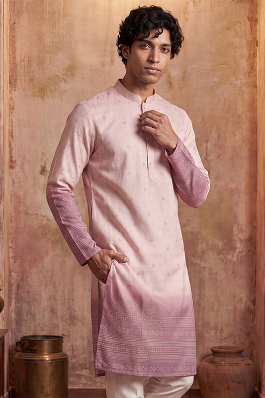 Pink Silk Blend Woven Design Calf Length Straight Regular Kurta With Trouser MKSET2347
