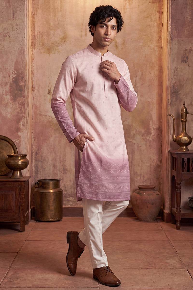 Pink Silk Blend Woven Design Calf Length Straight Regular Kurta MKU2347