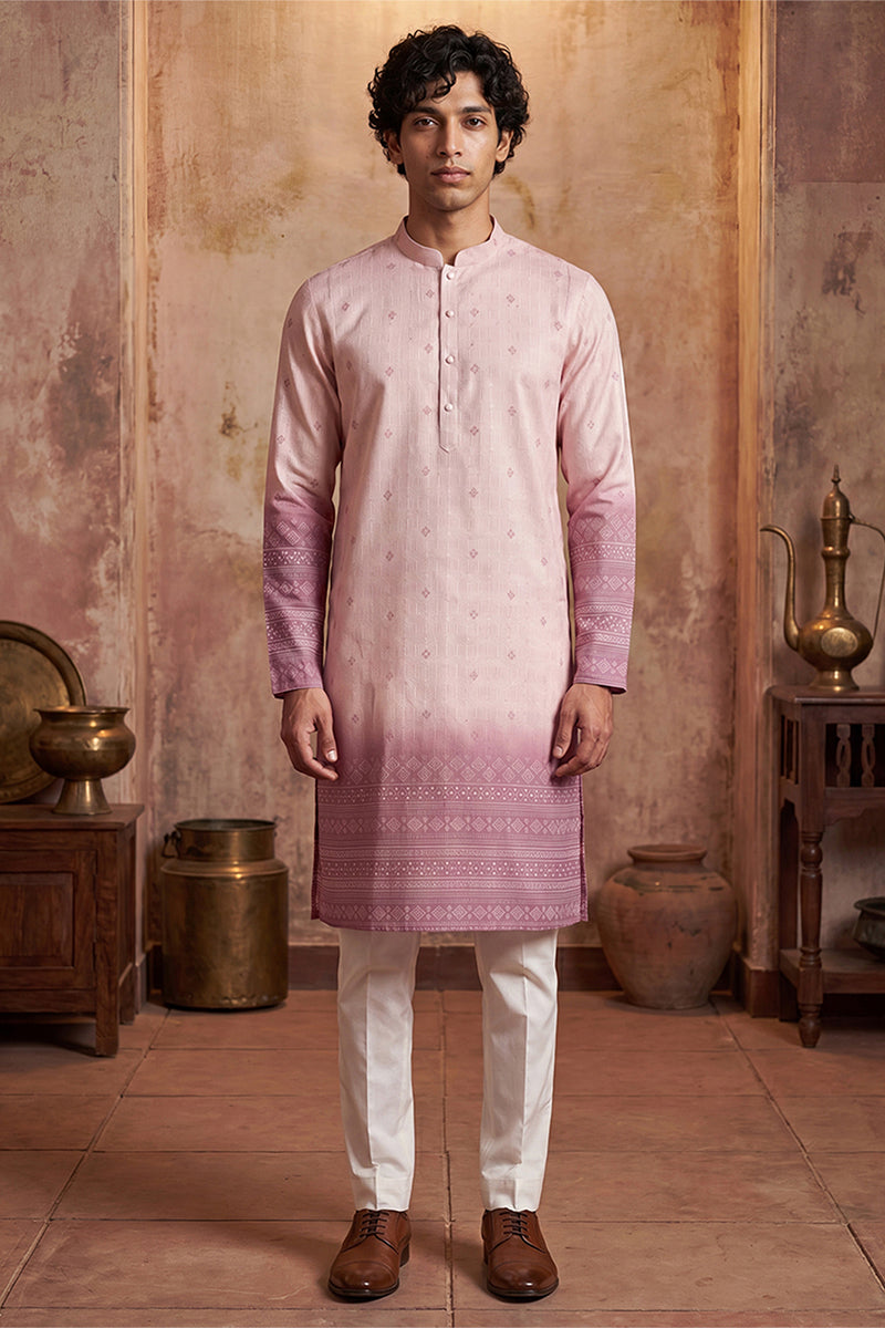 Pink Silk Blend Woven Design Calf Length Straight Regular Kurta With Trouser MKSET2347