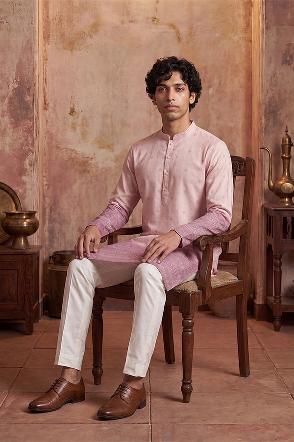 Pink Silk Blend Woven Design Calf Length Straight Regular Kurta With Trouser MKSET2347