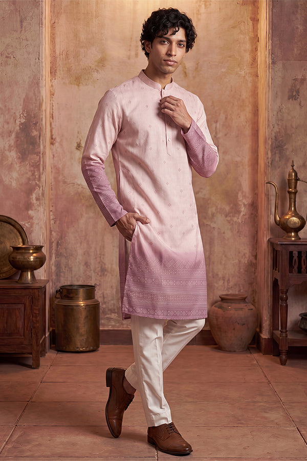 Pink Silk Blend Woven Design Calf Length Straight Regular Kurta With Trouser MKSET2347