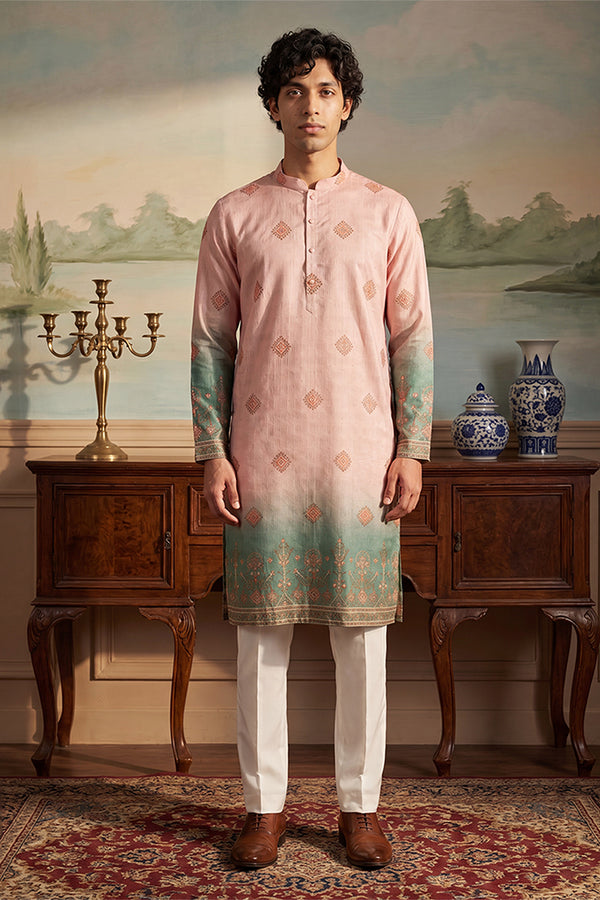 Peach Silk Blend Woven Design Calf Length Straight Regular Kurta With Trouser MKSET2348