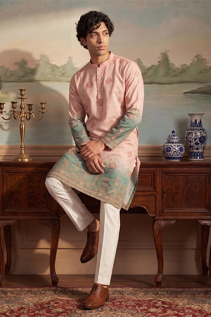Peach Silk Blend Woven Design Calf Length Straight Regular Kurta With Trouser MKSET2348