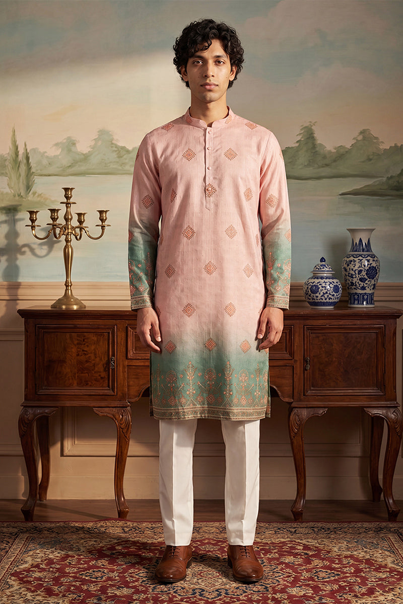 Peach Silk Blend Woven Design Calf Length Straight Regular Kurta MKU2348