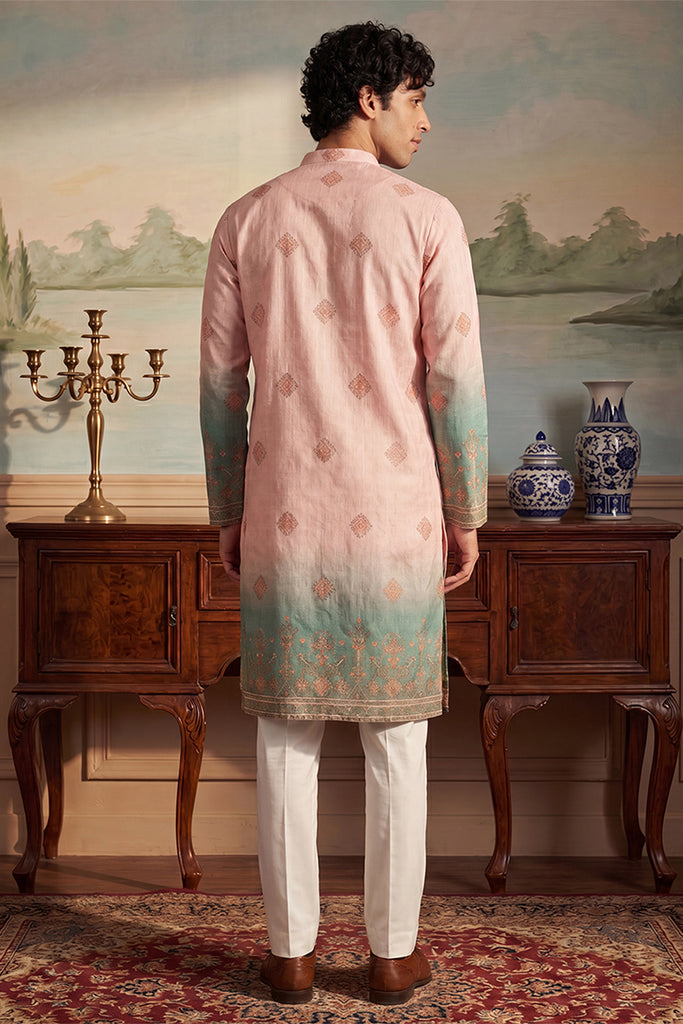 Peach Silk Blend Woven Design Calf Length Straight Regular Kurta MKU2348