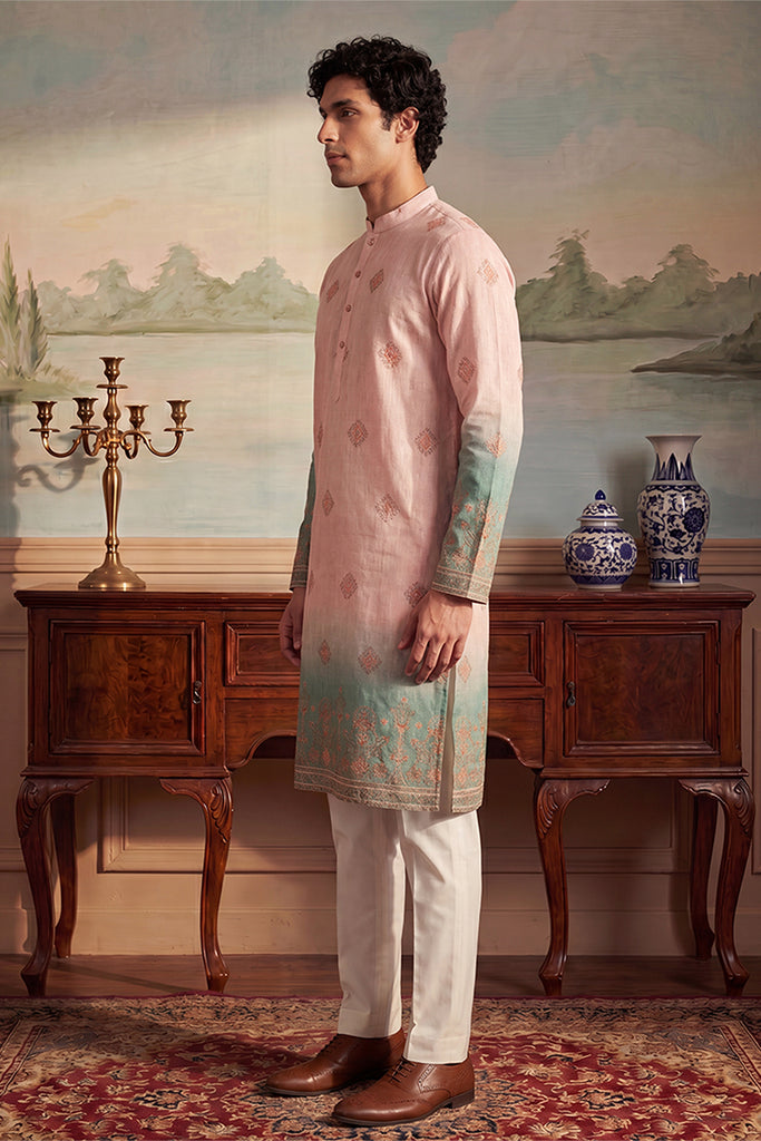 Peach Silk Blend Woven Design Calf Length Straight Regular Kurta With Trouser MKSET2348