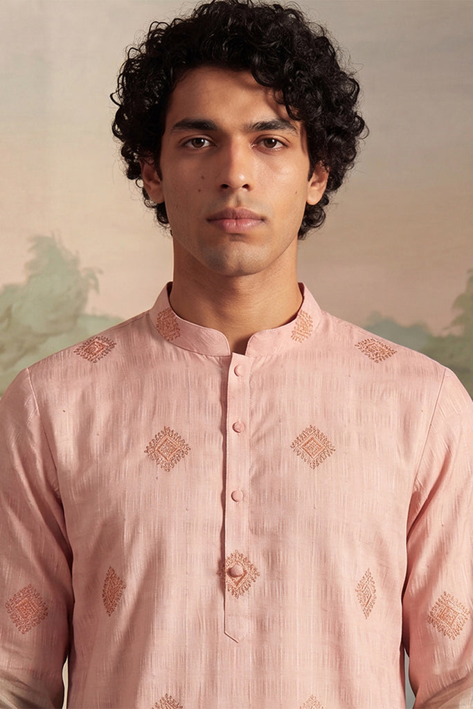 Peach Silk Blend Woven Design Calf Length Straight Regular Kurta MKU2348