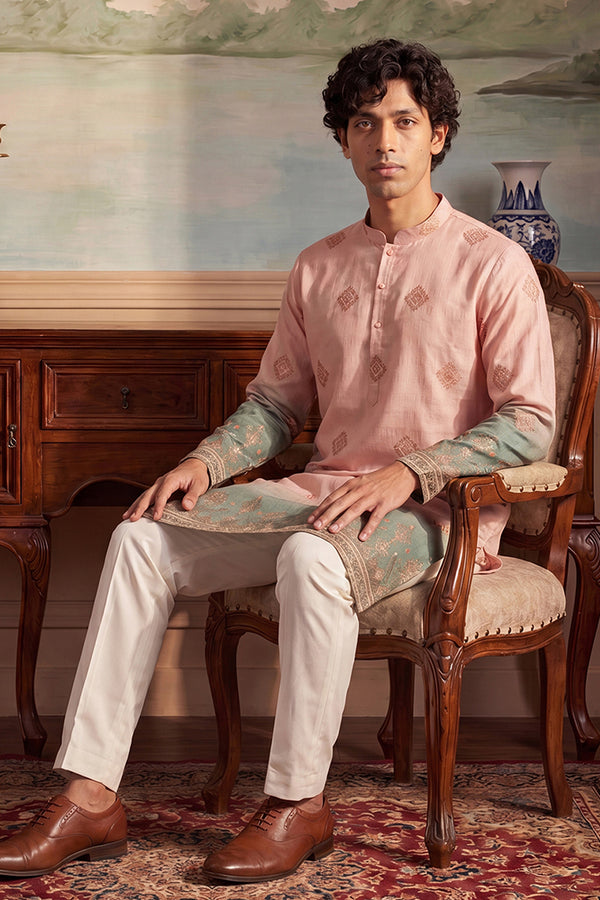 Peach Silk Blend Woven Design Calf Length Straight Regular Kurta MKU2348