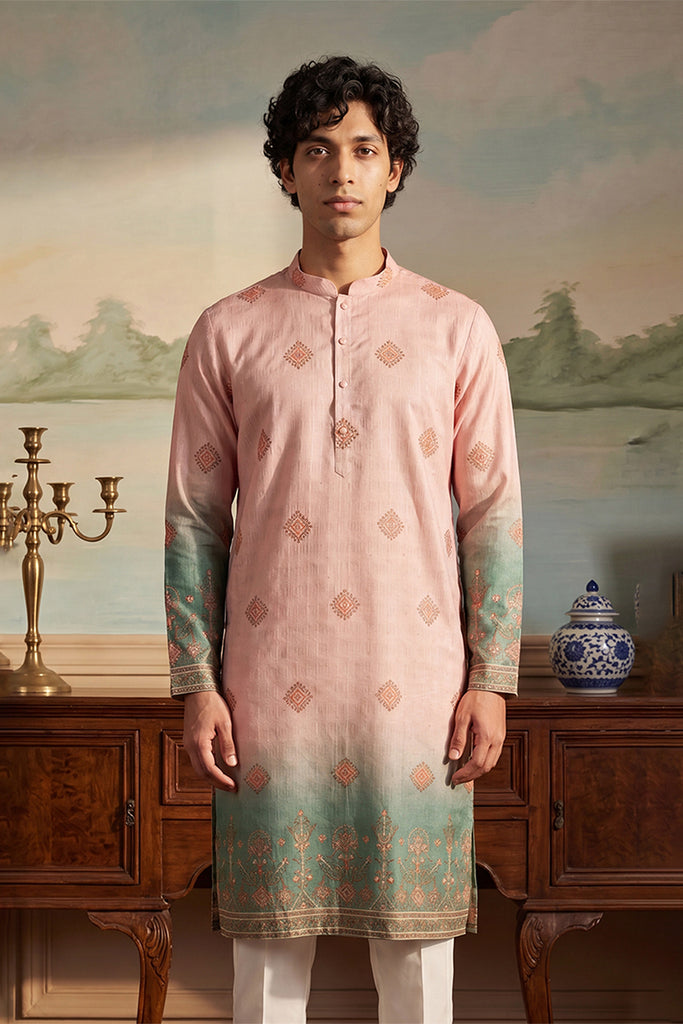 Peach Silk Blend Woven Design Calf Length Straight Regular Kurta MKU2348