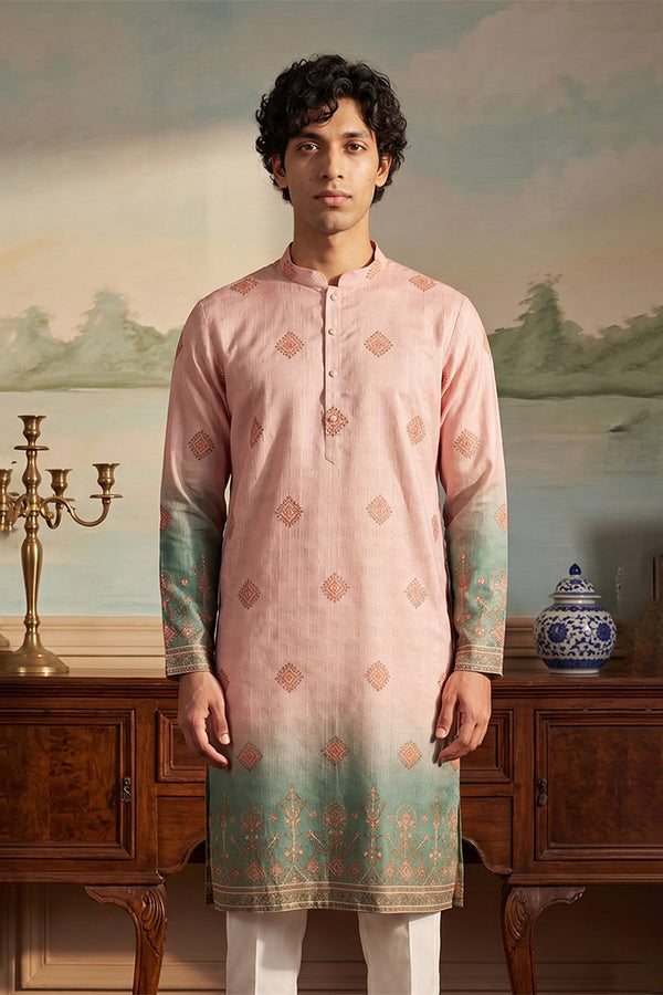 Peach Silk Blend Woven Design Calf Length Straight Regular Kurta MKU2348