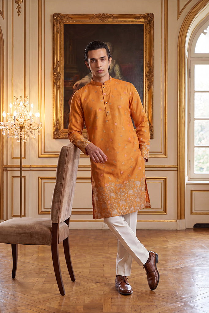Orange Silk Blend Woven Design Calf Length Straight Regular Kurta MKU2349