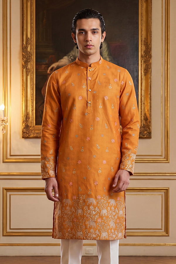 Orange Silk Blend Woven Design Calf Length Straight Regular Kurta With Trouser MKSET2349