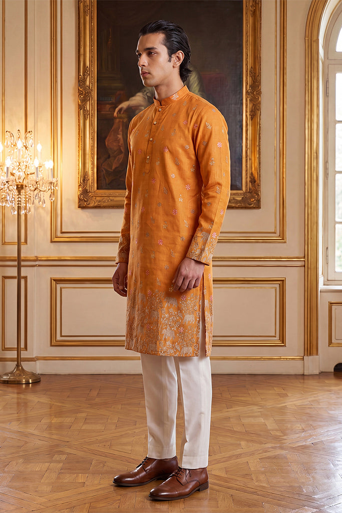 Orange Silk Blend Woven Design Calf Length Straight Regular Kurta MKU2349