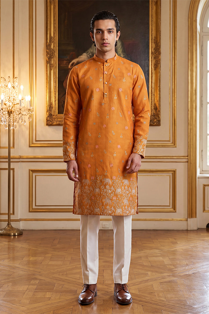 Orange Silk Blend Woven Design Calf Length Straight Regular Kurta MKU2349
