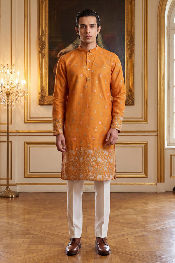 Orange Silk Blend Woven Design Calf Length Straight Regular Kurta MKU2349