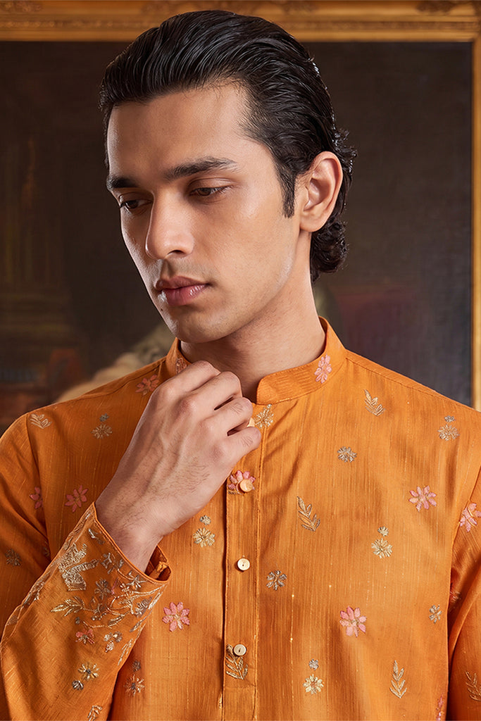 Orange Silk Blend Woven Design Calf Length Straight Regular Kurta With Trouser MKSET2349
