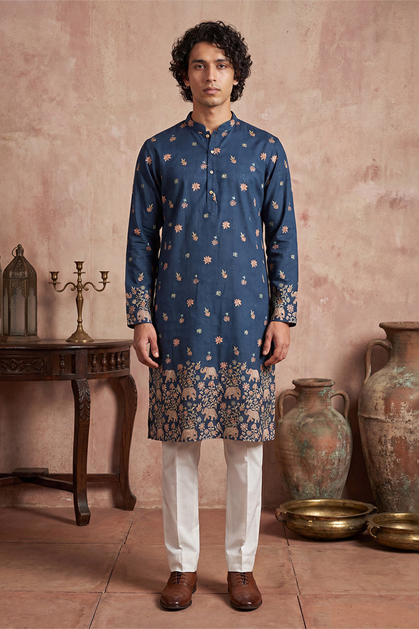 Blue Silk Blend Woven Design Calf Length Straight Regular Kurta With Trouser MKSET2356