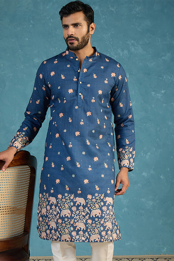 Blue Silk Blend Woven Design Calf Length Straight Regular Kurta With Trouser MKSET2356