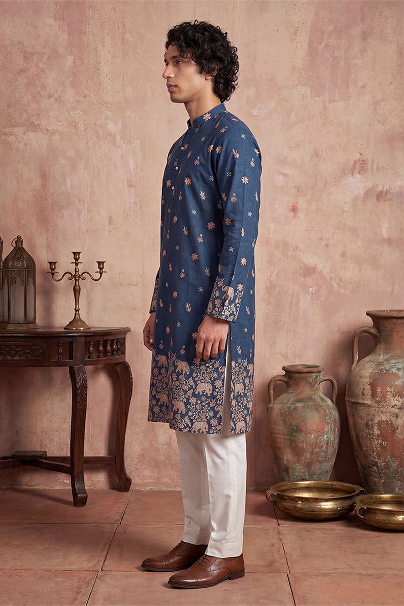 Blue Silk Blend Woven Design Calf Length Straight Regular Kurta With Trouser MKSET2356