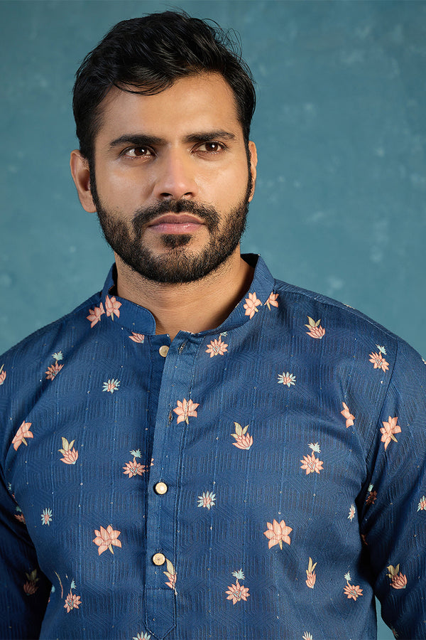 Blue Silk Blend Woven Design Calf Length Straight Regular Kurta MKU2356