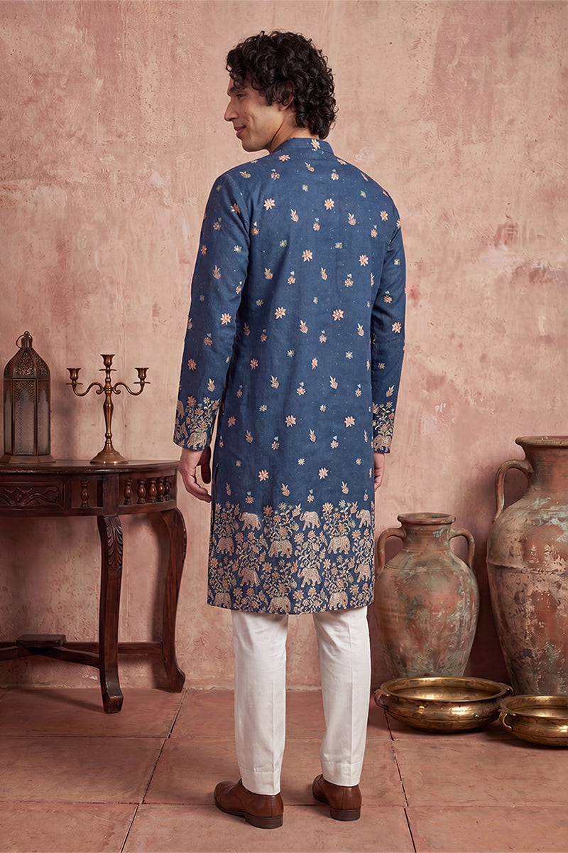 Blue Silk Blend Woven Design Calf Length Straight Regular Kurta With Trouser MKSET2356