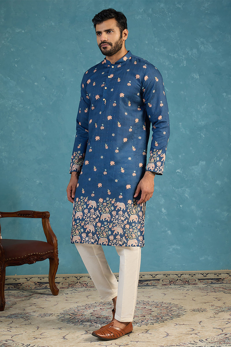 Blue Silk Blend Woven Design Calf Length Straight Regular Kurta MKU2356