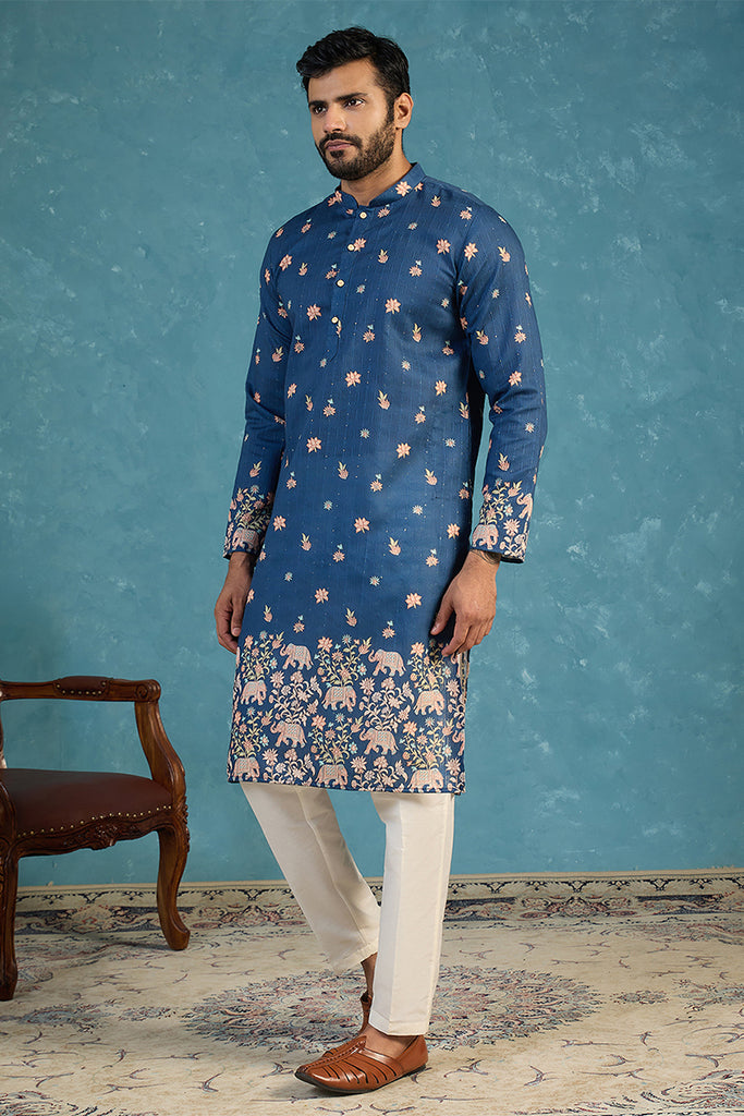 Blue Silk Blend Woven Design Calf Length Straight Regular Kurta MKU2356