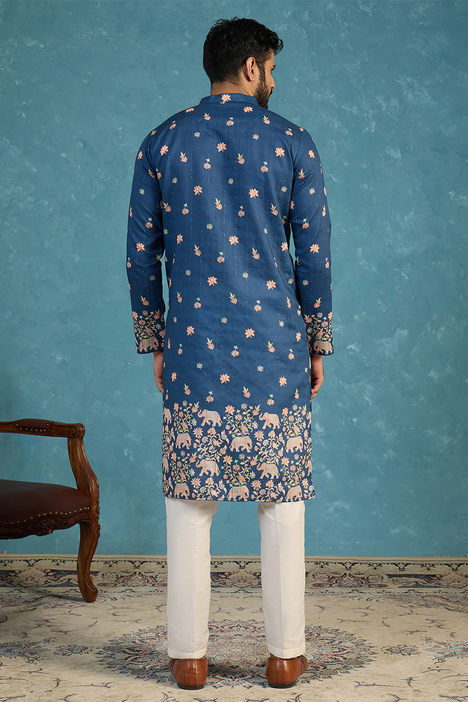 Blue Silk Blend Woven Design Calf Length Straight Regular Kurta MKU2356