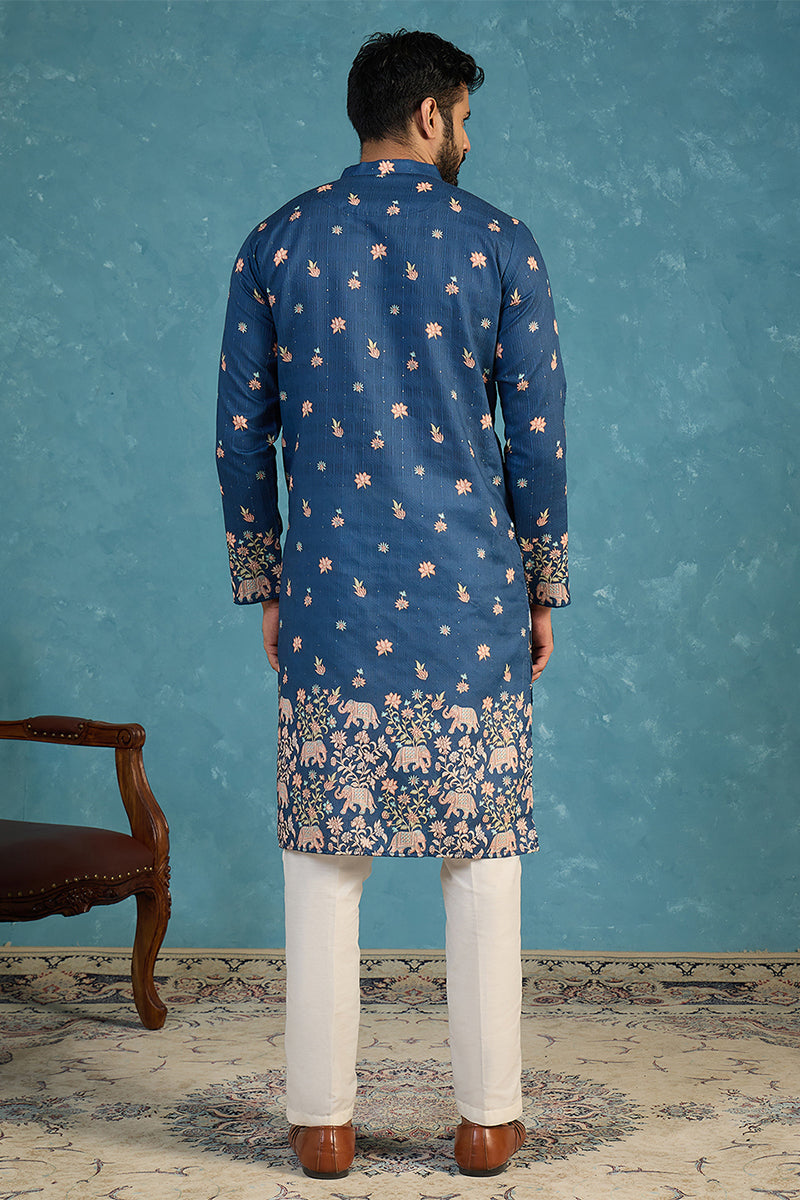 Blue Silk Blend Woven Design Calf Length Straight Regular Kurta With Trouser MKSET2356
