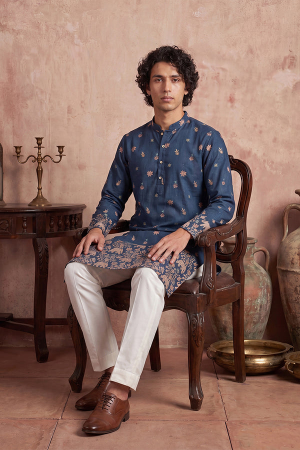 Blue Silk Blend Woven Design Calf Length Straight Regular Kurta MKU2356