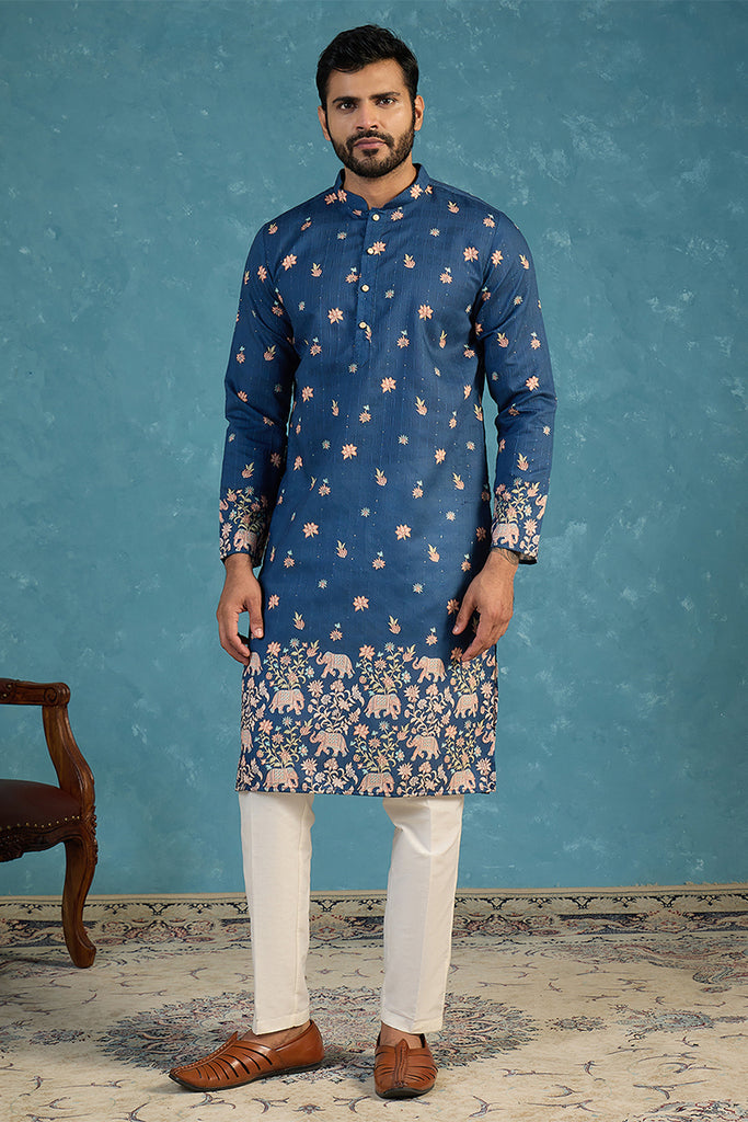 Blue Silk Blend Woven Design Calf Length Straight Regular Kurta MKU2356