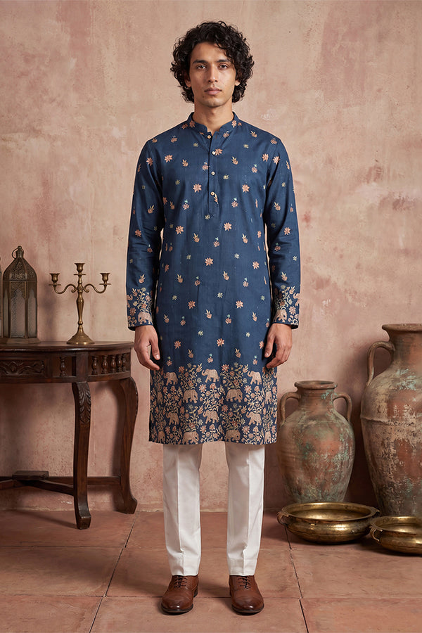 Blue Silk Blend Woven Design Calf Length Straight Regular Kurta MKU2356